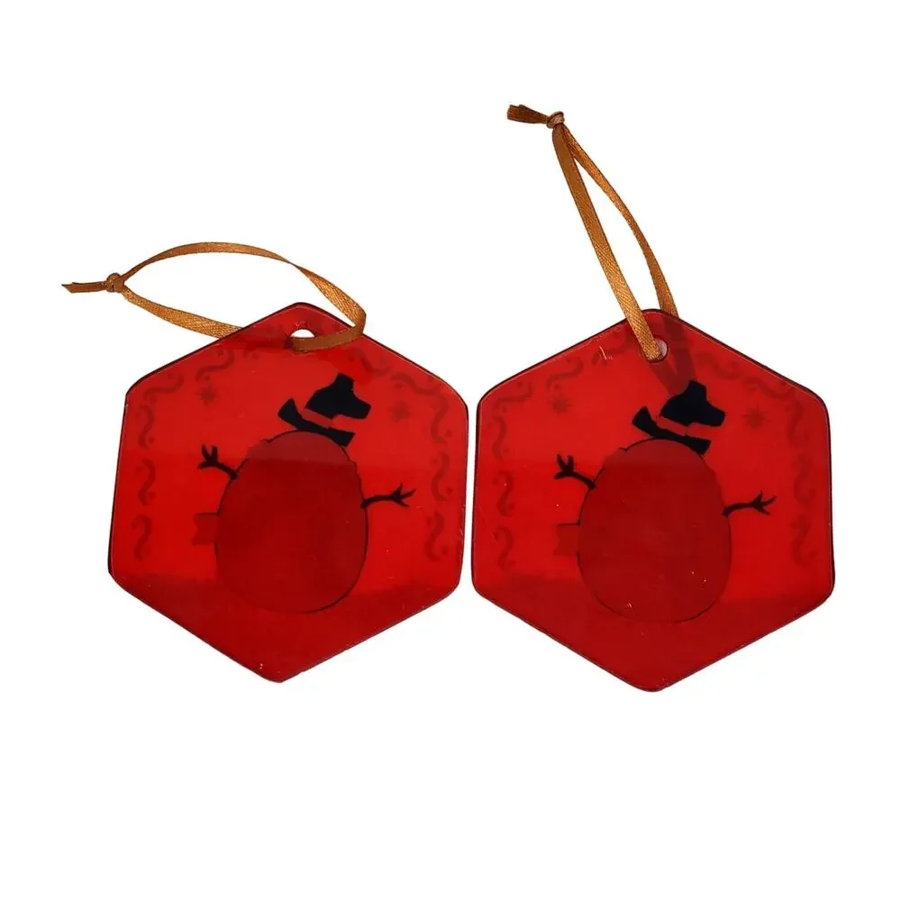 2 Vtg Red Glass Suncatcher Hand Painted Christmas Hexagon Ornament Holiday Decor